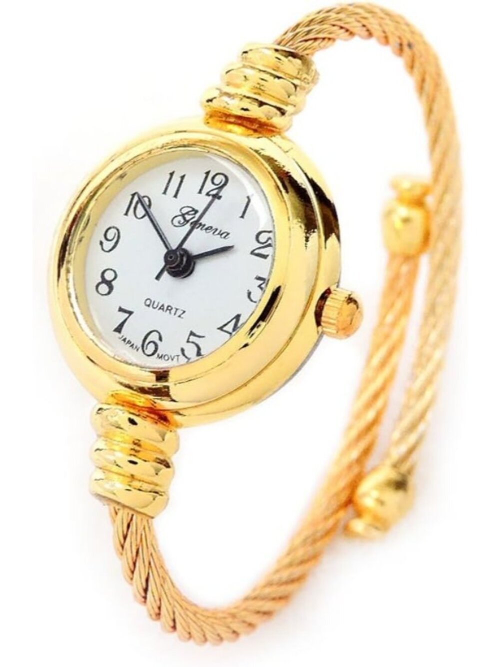 Women's Gold White Dial Small Size Bangle Cable Stainless Steel Band Wrist Watch